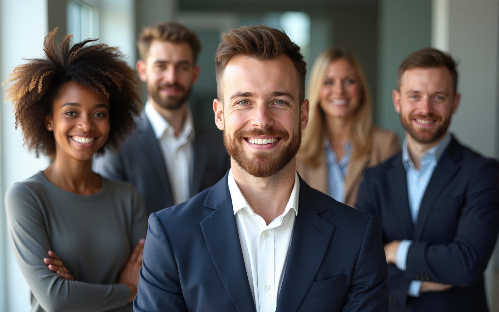 A diverse and smiling business team led by a confident chief stands together indoors. High quality